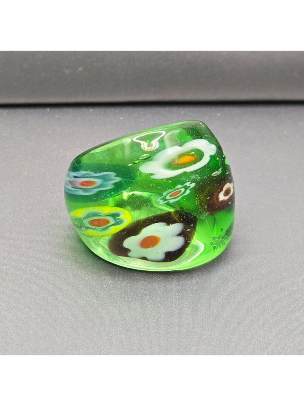 Vintage Murano Style Glass Ring Size 6 Green Millefiori Floral Hand Blown Glass